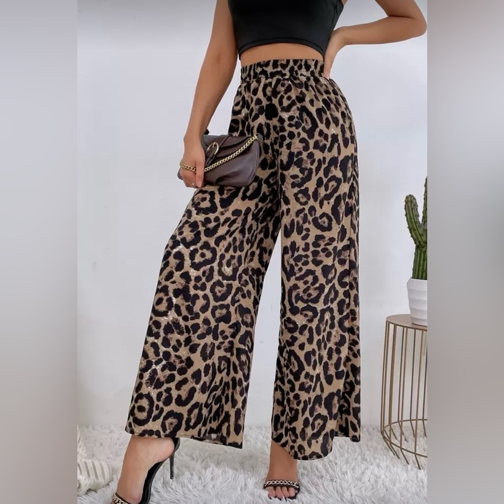 Leopard Brown Black Animal Print High Waisted Wide Leg Women’s Pants Large - Picture 11 of 14